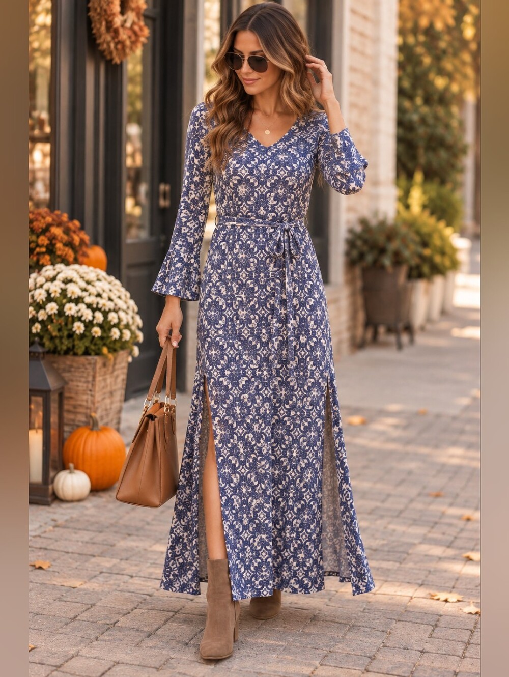 Lulus Blue & White Printed Bell Sleeve Side Slit Maxi Dress Size Small
